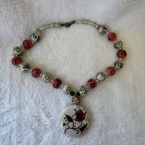 Vintage Beaded Necklace with Hand-Painted Ceramic Medallion and Beads